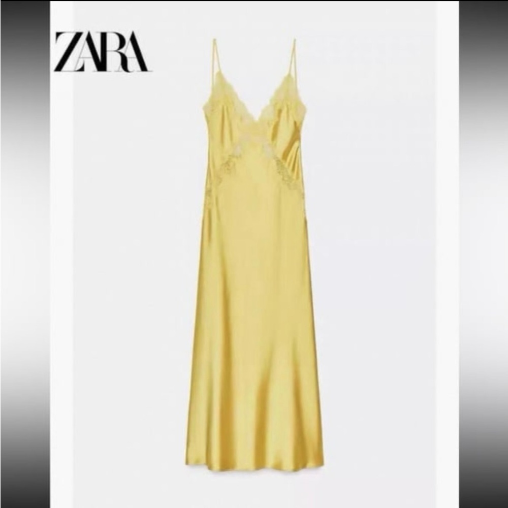 ZARA Lemon Satin Slip Dress with Lace Trim